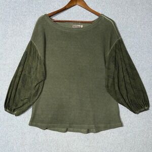 DANTELLE Olive Green Waffle Knit Boho Feather Sleeve Top Women L